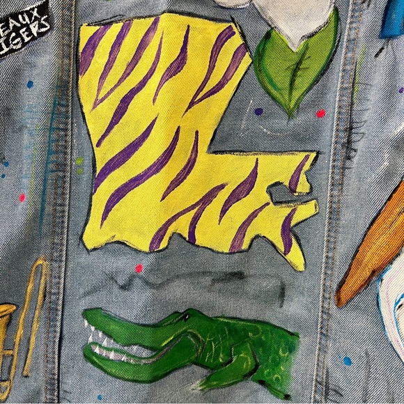Hand Painted Louisiana Couture Denim Jacket Mardi Gras Ready! - Picture 4 of 12